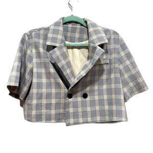 Dazy Blazer Cropped Shacket Plaid Short Sleeve Jacket Blue Womens sz Medium